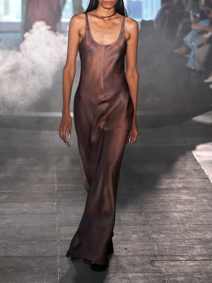 SILK BIAS SLIP DRESS - RUST BROWN