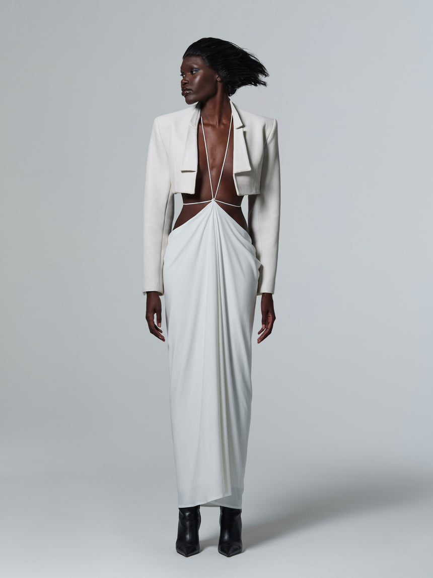 CROPPED LEATHER BLAZER WITH SLENDER LAPELS - WHITE