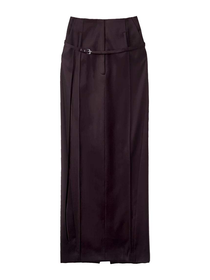 (SS26 PRE-ORDER) RELICS BELTED MAXI SKIRT (WOOL SATIN) - BURGUNDY