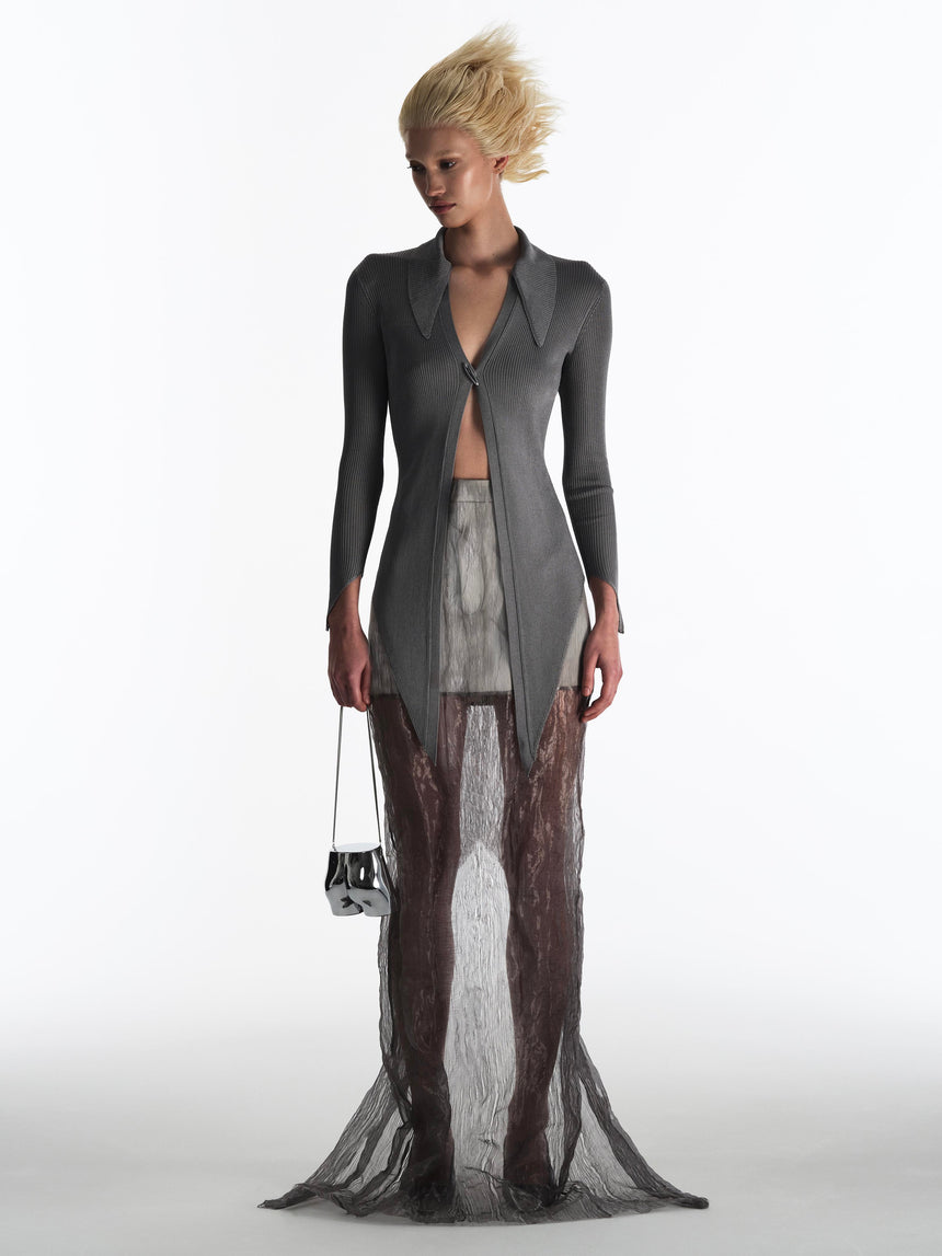 ANGULAR RIBBED-KNIT CARDIGAN - GREY