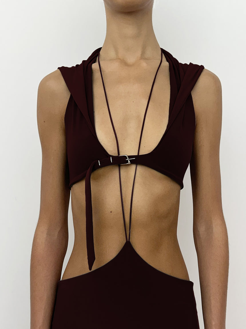 (SS26 PRE-ORDER) BELTED HOOD BRALETTE - BURGUNDY