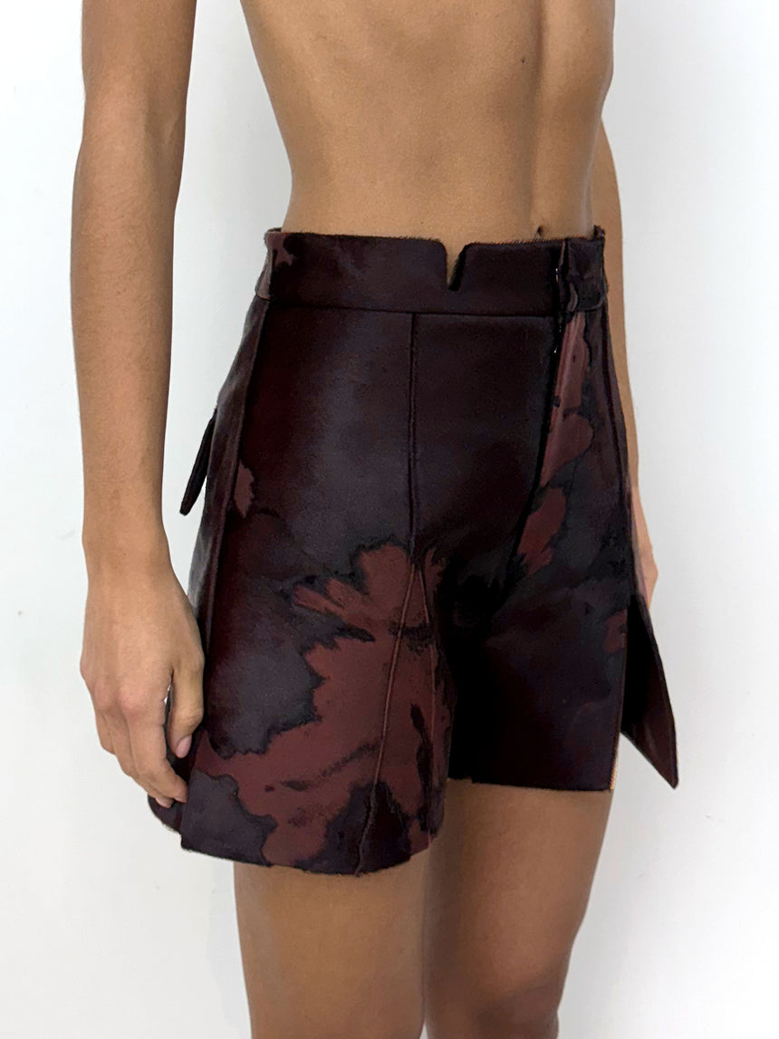 (SS26 PRE-ORDER) BURNOUT LEATHER MINI SHORTS - BURGUNDY