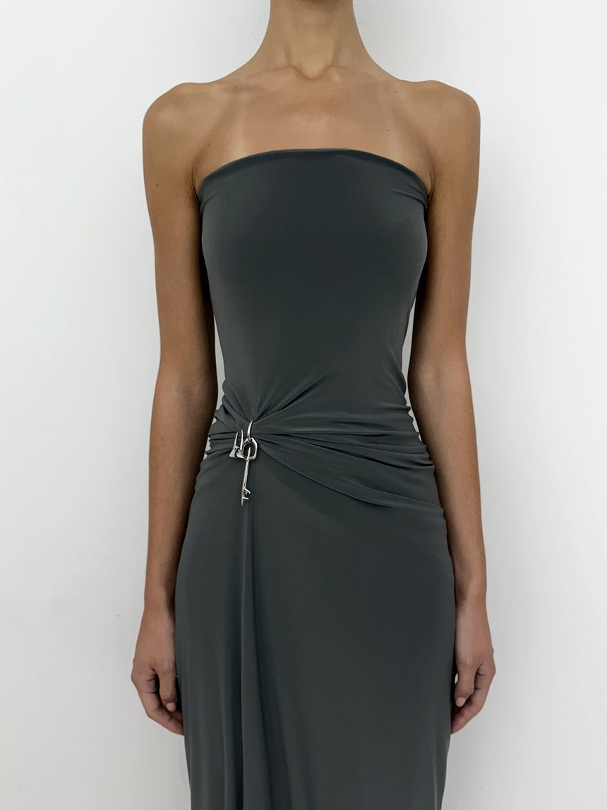 (SS26 PRE-ORDER) RELIC CHARMS STRAPLESS MAXI DRESS - GREY