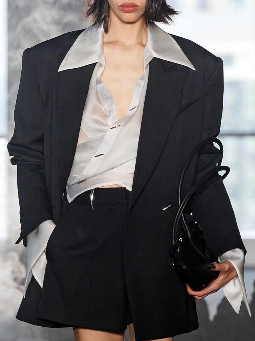 SILK SATIN ORGANZA STITCHES WRAP SHIRT - ASH WHITE