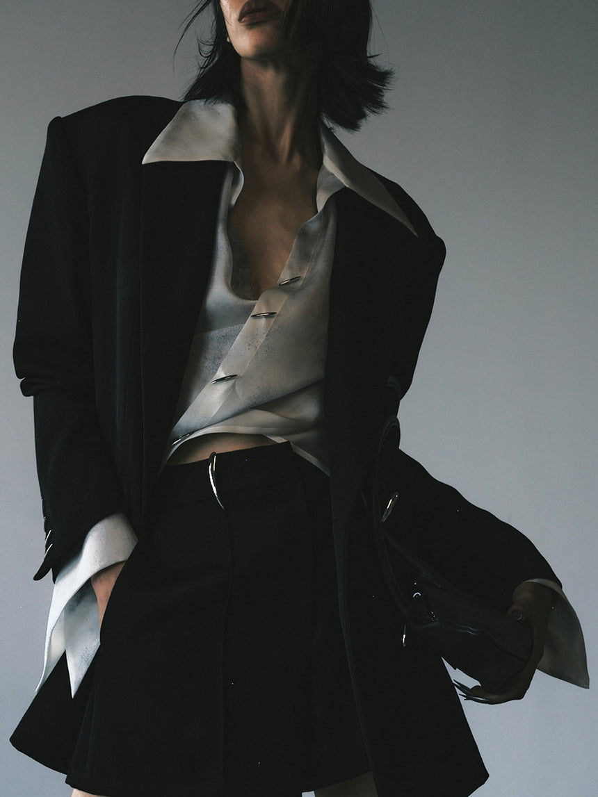 SILK SATIN ORGANZA STITCHES WRAP SHIRT - ASH WHITE