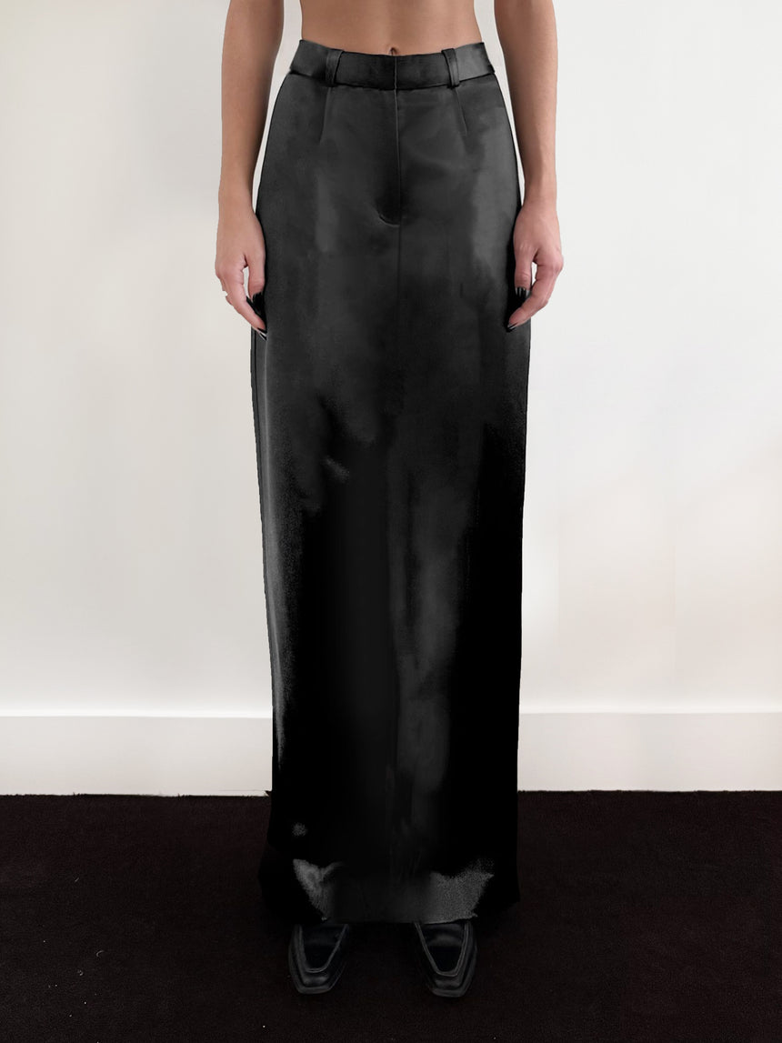 LIQUID SATIN PILLAR MAXI SKIRT - BLACK LIQUID