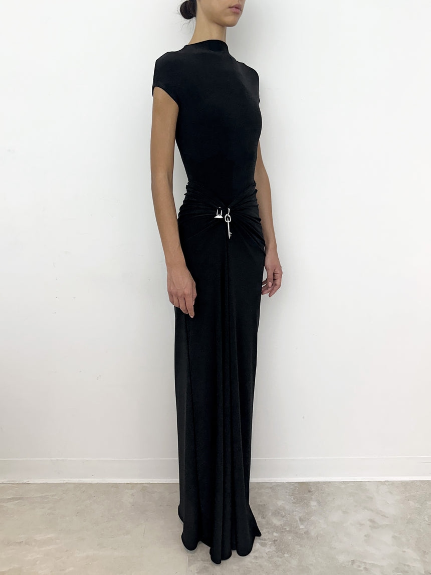 (SS26 PRE-ORDER) RELIC CHARMS DRAPED MAXI SKIRT - BLACK