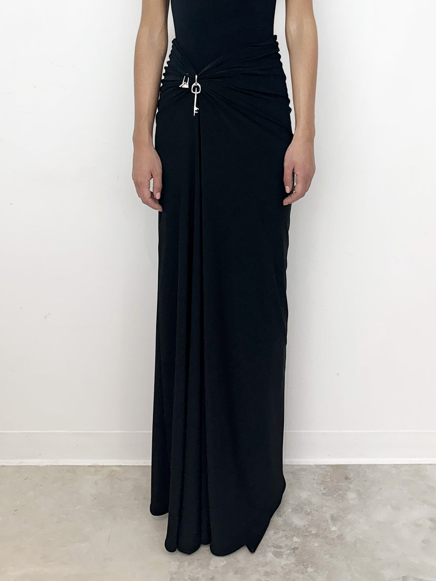 (SS26 PRE-ORDER) RELIC CHARMS DRAPED MAXI SKIRT - BLACK