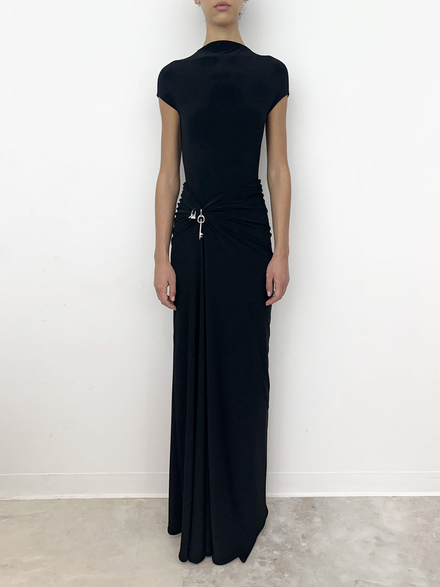 (SS26 PRE-ORDER) RELIC CHARMS DRAPED MAXI SKIRT - BLACK