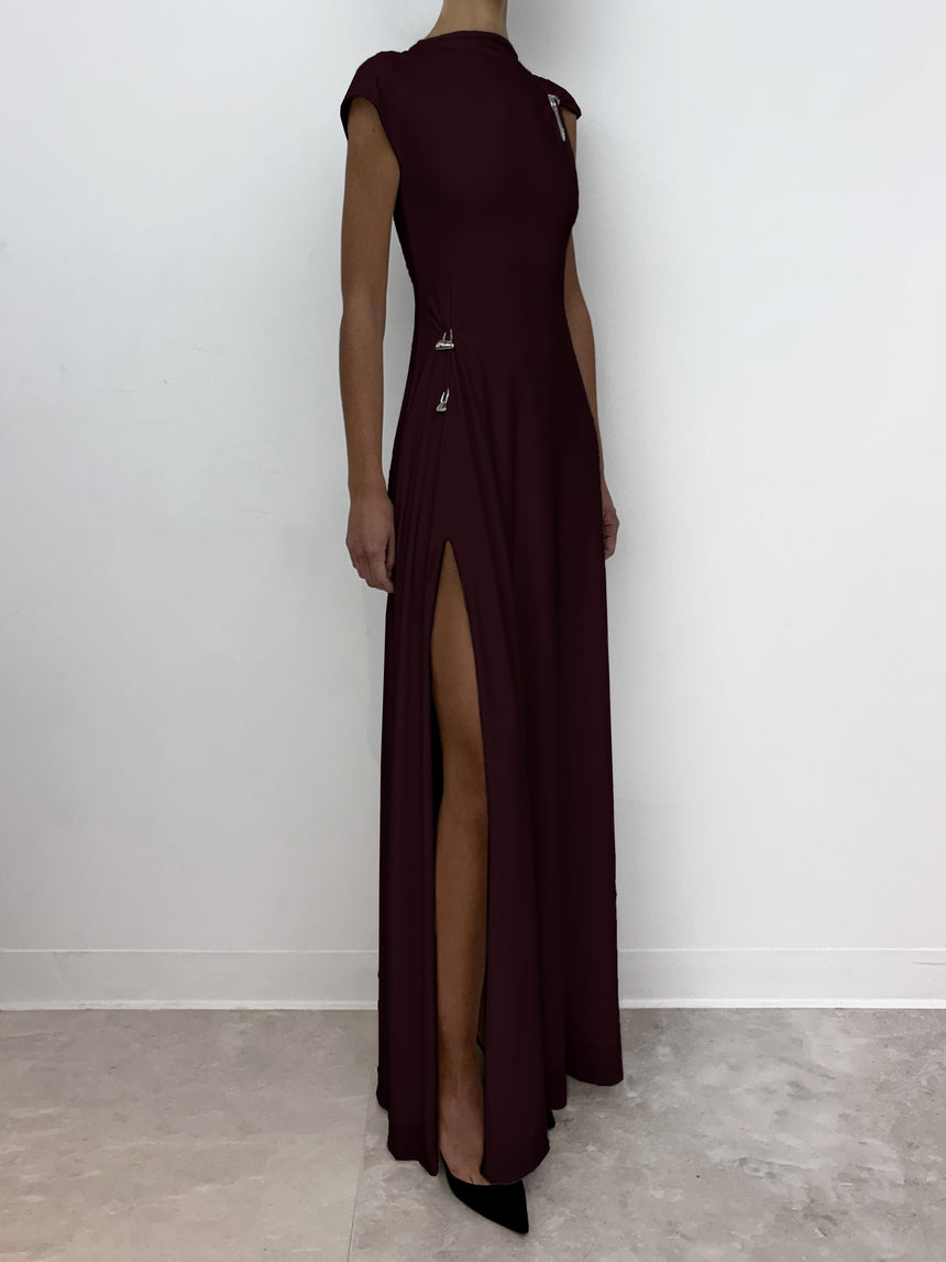 (SS26 PRE-ORDER) RELIC CHARMS MAXI SLIT DRESS - BURGUNDY