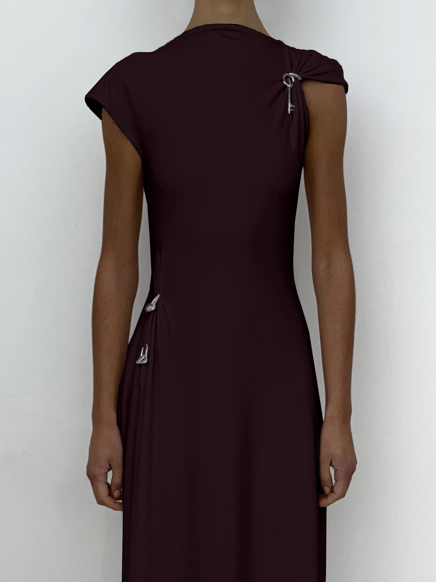 (SS26 PRE-ORDER) RELIC CHARMS MAXI SLIT DRESS - BURGUNDY