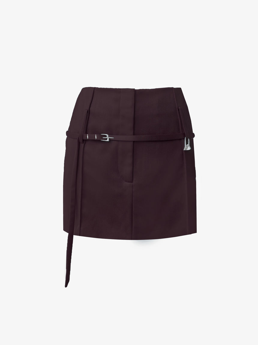 (SS26 PRE-ORDER) RELICS BELTED MINI SKIRT IN WOOL SATIN - BURGUNDY