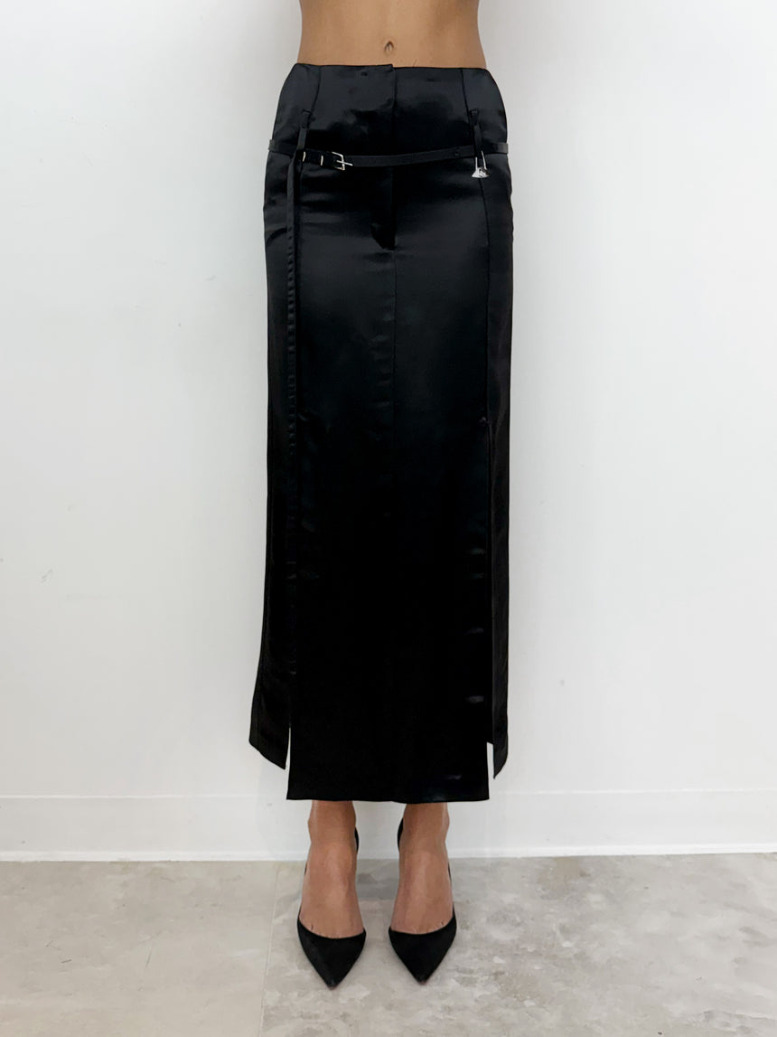 (SS26 PRE-ORDER) RELICS BELTED SLIT SKIRT (LIQUID SATIN) - BLACK
