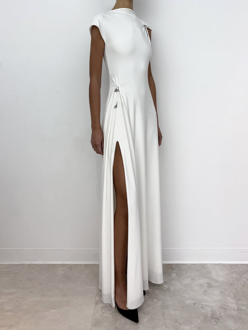 (SS26 PRE-ORDER) RELIC CHARMS MAXI SLIT DRESS - WHITE