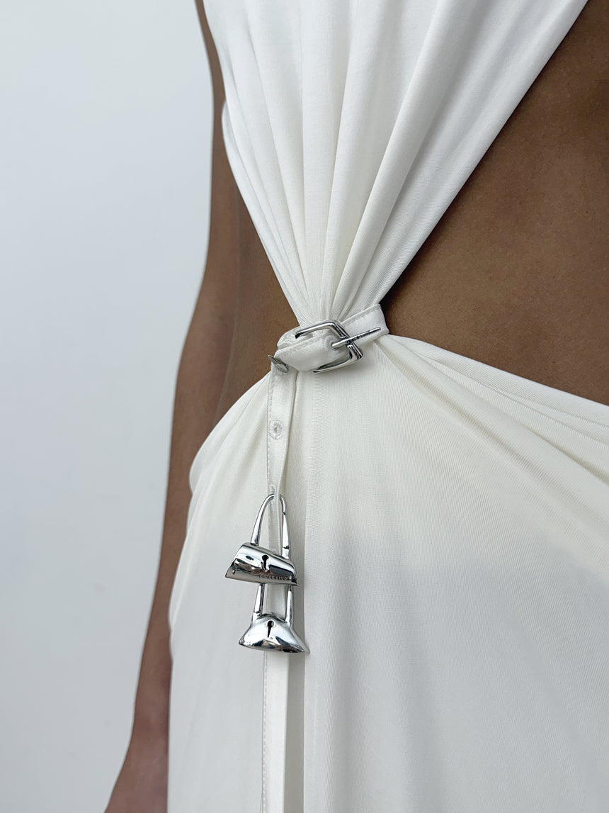 (SS26 PRE-ORDER) RELIC CHARMS BELT CINCHED MAXI DRESS - WHITE