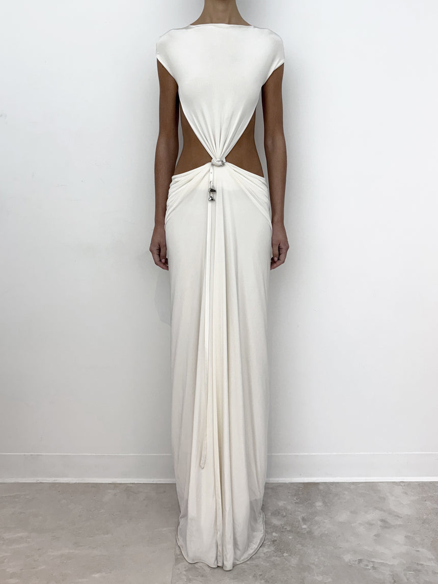 (SS26 PRE-ORDER) RELIC CHARMS BELT CINCHED MAXI DRESS - WHITE