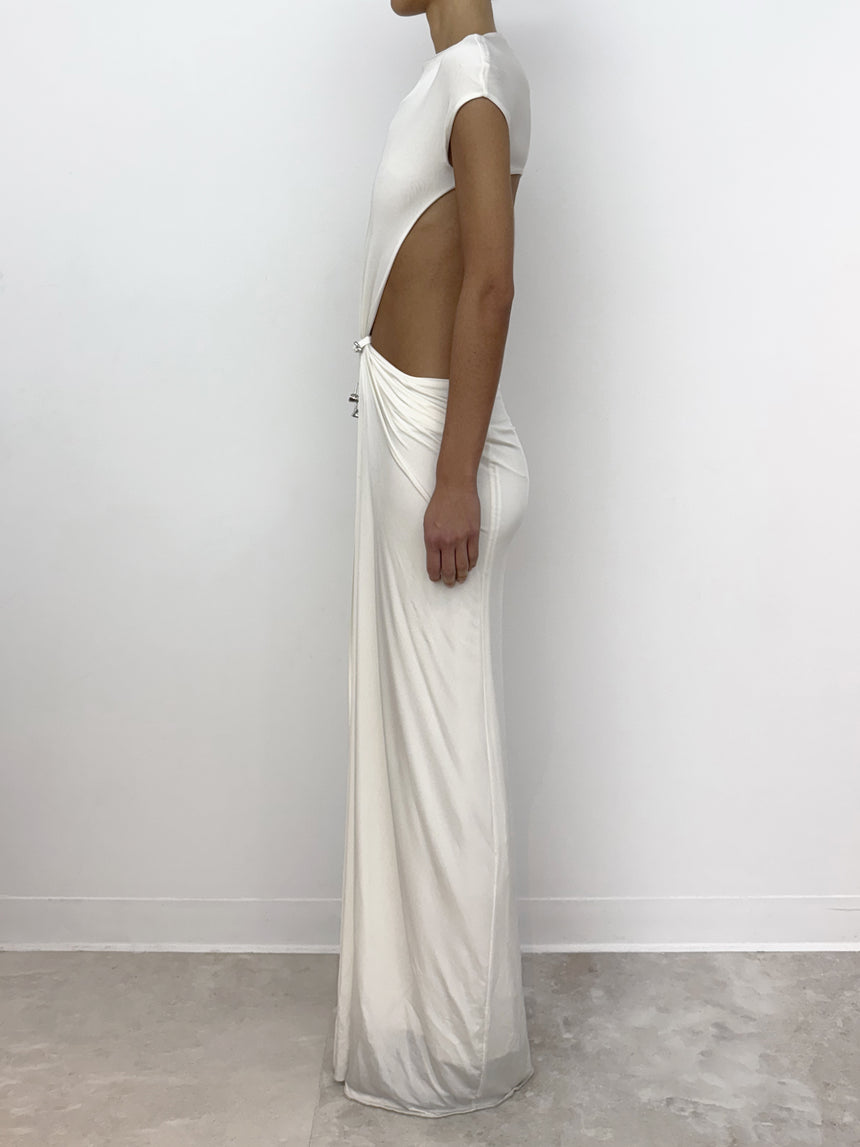 (SS26 PRE-ORDER) RELIC CHARMS BELT CINCHED MAXI DRESS - WHITE