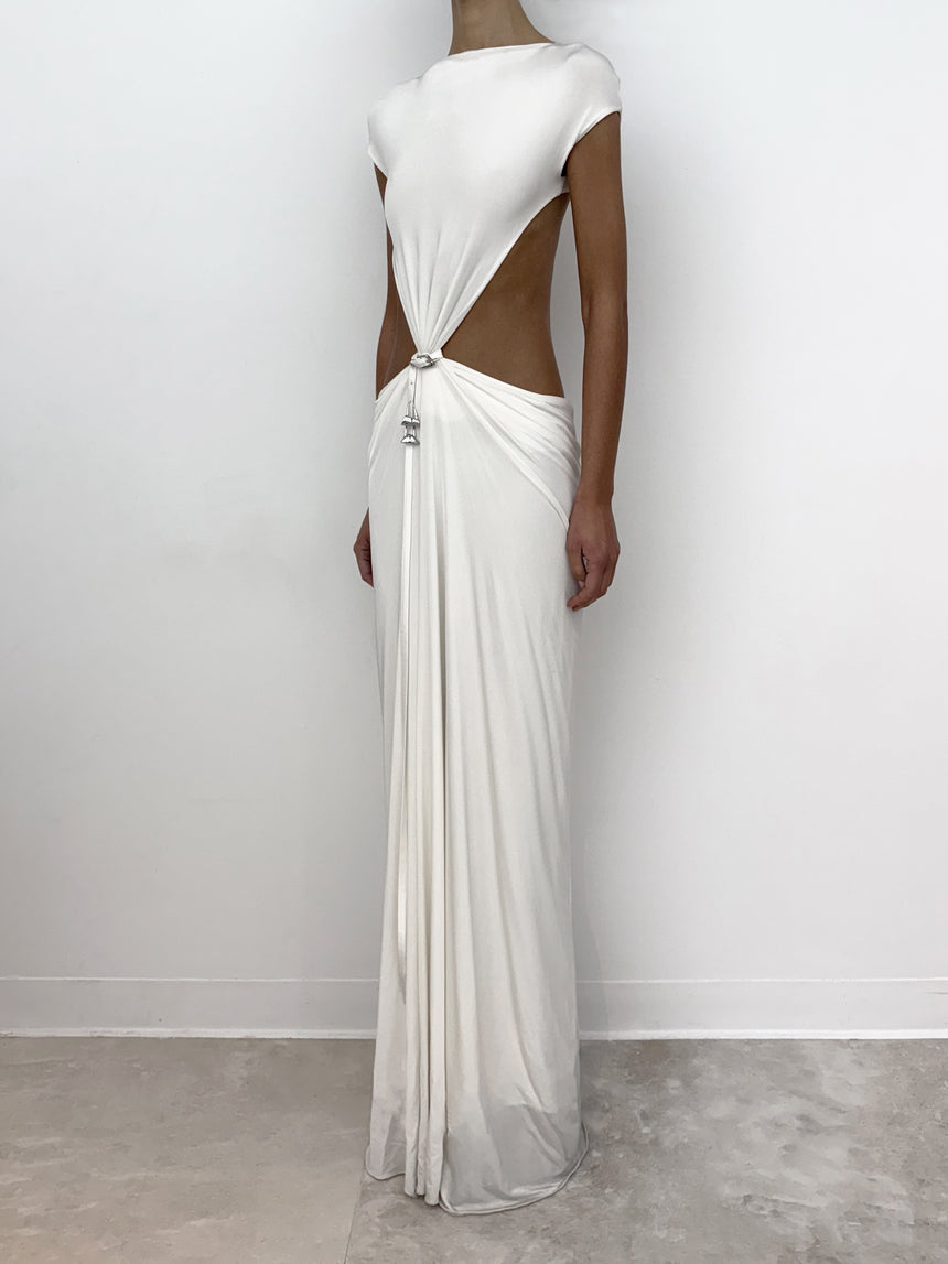 (SS26 PRE-ORDER) RELIC CHARMS BELT CINCHED MAXI DRESS - WHITE