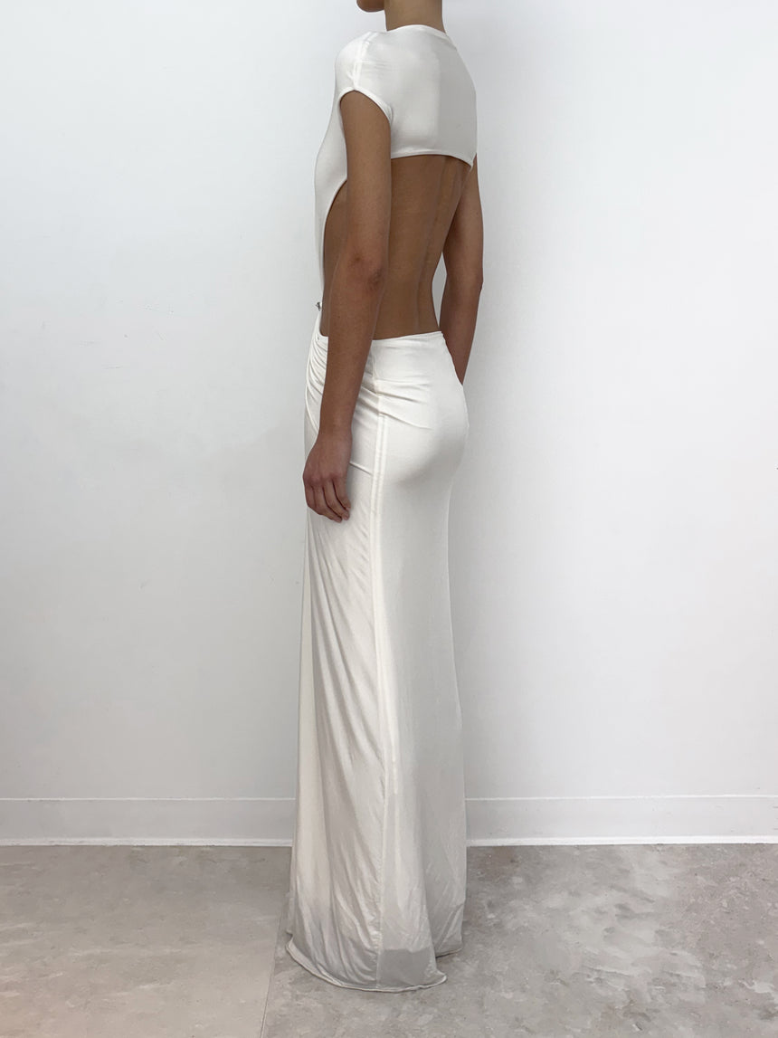 (SS26 PRE-ORDER) RELIC CHARMS BELT CINCHED MAXI DRESS - WHITE