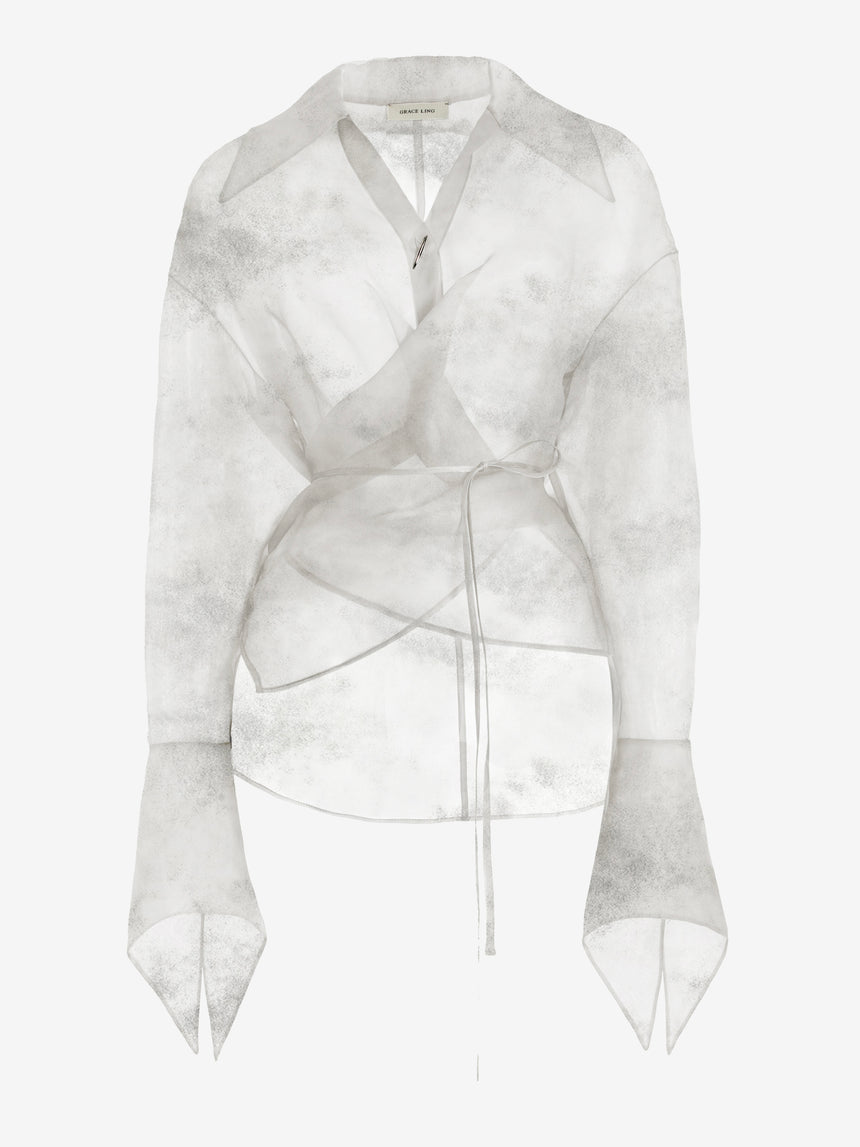 SILK SATIN ORGANZA STITCHES WRAP SHIRT - ASH WHITE