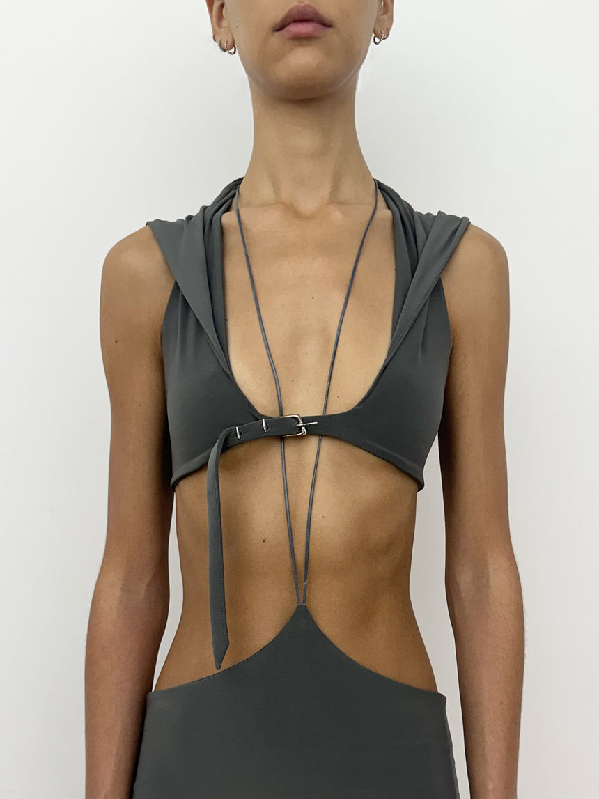 (SS26 PRE-ORDER) BELTED HOOD BRALETTE - GREY