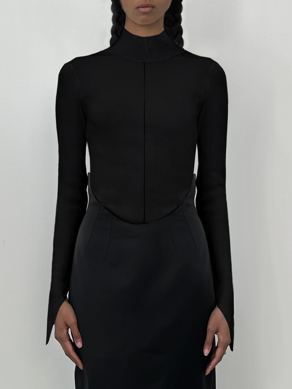 ANGULAR RIBBED-KNIT MOCK NECK TOP - BLACK – GRACE LING