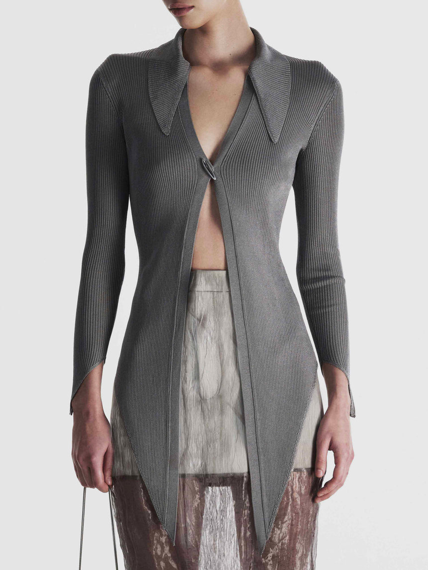 ANGULAR RIBBED-KNIT CARDIGAN - GREY