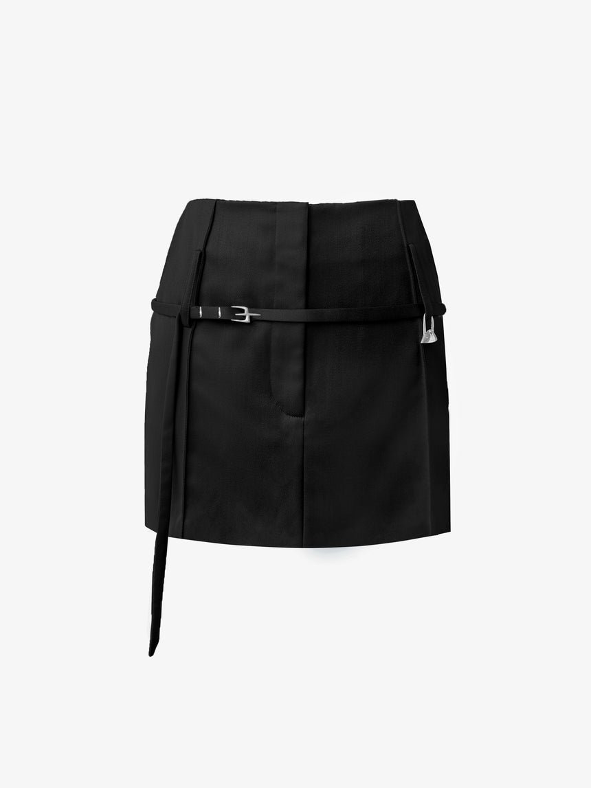 (SS26 PRE-ORDER) RELICS BELTED MINI SKIRT IN WOOL SATIN - BLACK