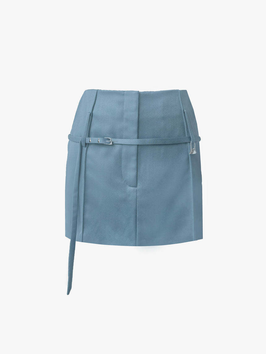 (SS26 PRE-ORDER) RELICS BELTED MINI SKIRT IN WOOL SATIN - BLUE