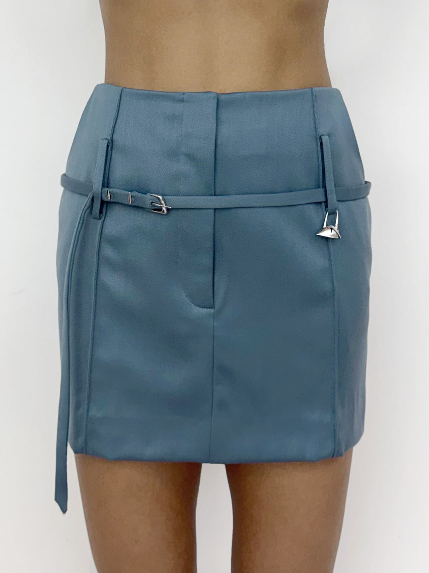 (SS26 PRE-ORDER) RELICS BELTED MINI SKIRT IN WOOL SATIN - BLUE