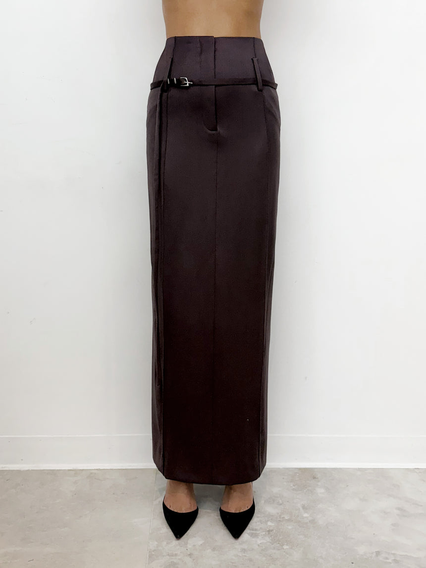 (SS26 PRE-ORDER) RELICS BELTED MAXI SKIRT (WOOL SATIN) - BURGUNDY