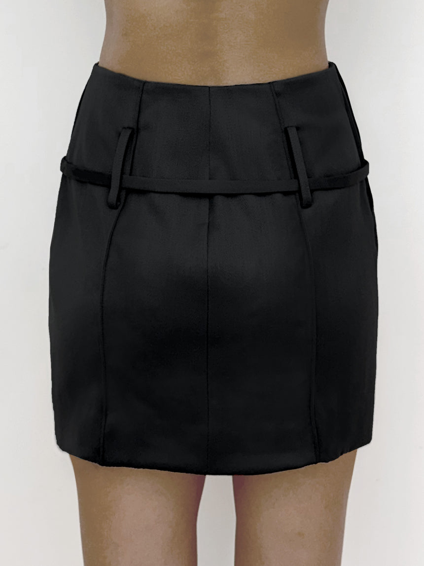 (SS26 PRE-ORDER) RELICS BELTED MINI SKIRT IN WOOL SATIN - BLACK