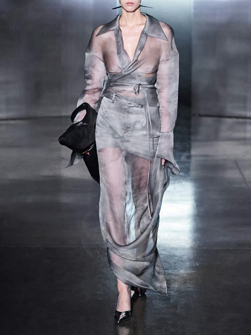 FOG TAILORED SILK PILLAR SKIRT - FOG GREY