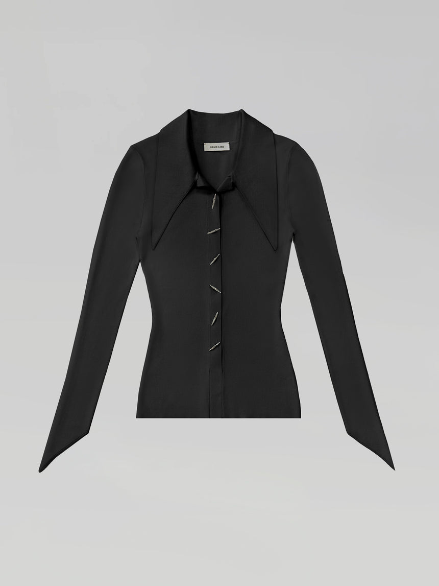 ANGULAR RIBBED-KNIT STITCHES TOP - BLACK