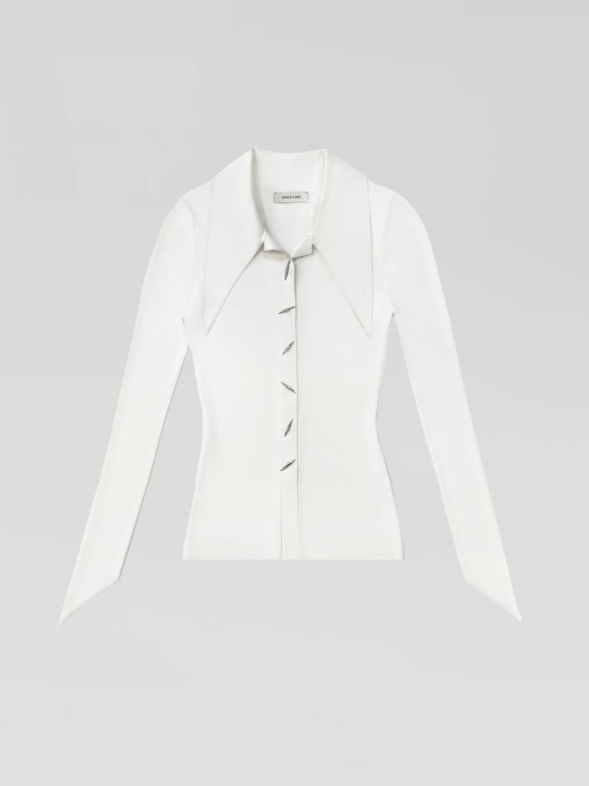 ANGULAR RIBBED-KNIT STITCHES TOP - IVORY