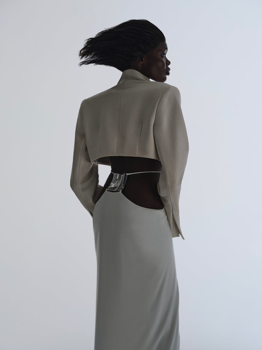 CROPPED LEATHER BLAZER WITH SLENDER LAPELS - WHITE