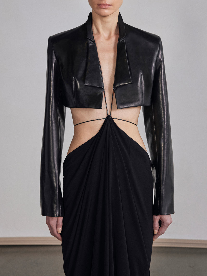 CROPPED LEATHER BLAZER WITH SLENDER LAPELS - BLACK