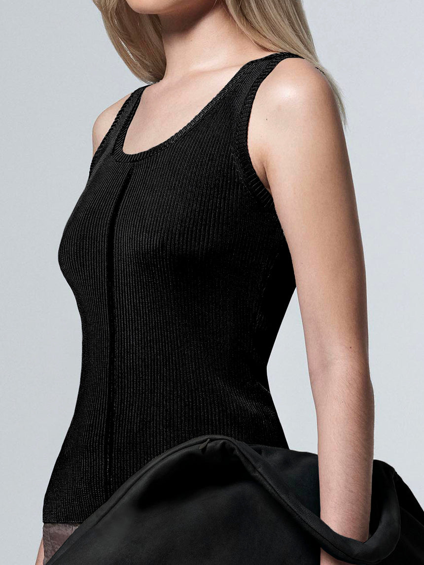 RIBBED-KNIT COLUMN TANK TOP - BLACK