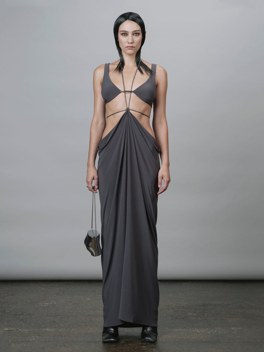 SQUARE LOWER BACK PLATE PILLAR DRAPE SKIRT - GREY