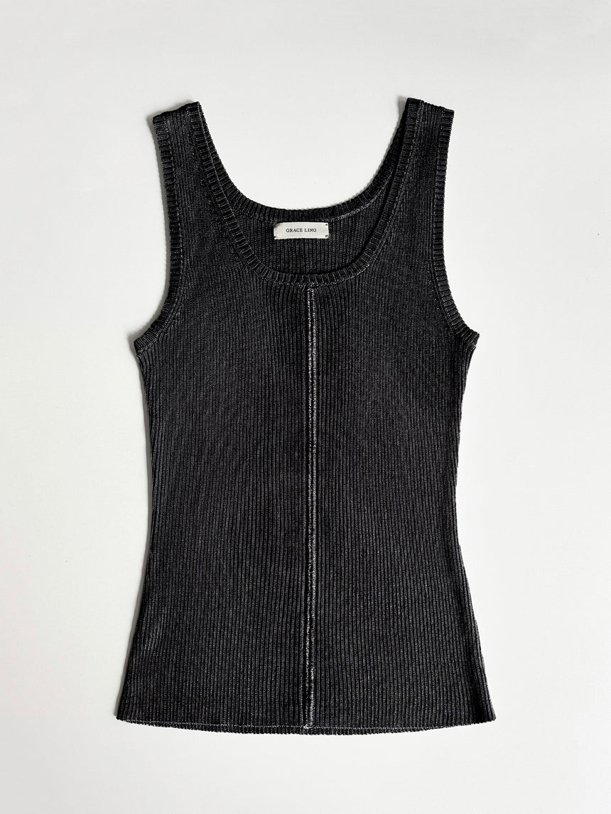 RIBBED-KNIT COLUMN TANK TOP - BLACK