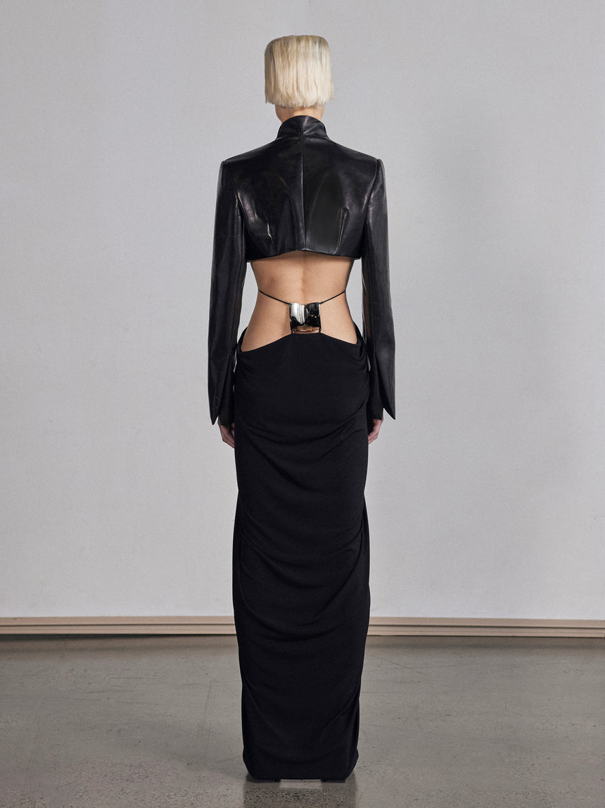 CROPPED LEATHER BLAZER WITH SLENDER LAPELS - BLACK