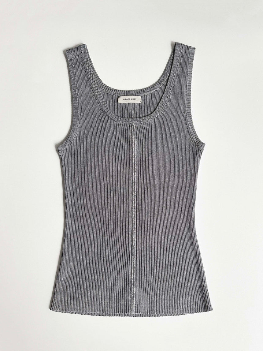 RIBBED-KNIT COLUMN TANK TOP - GREY