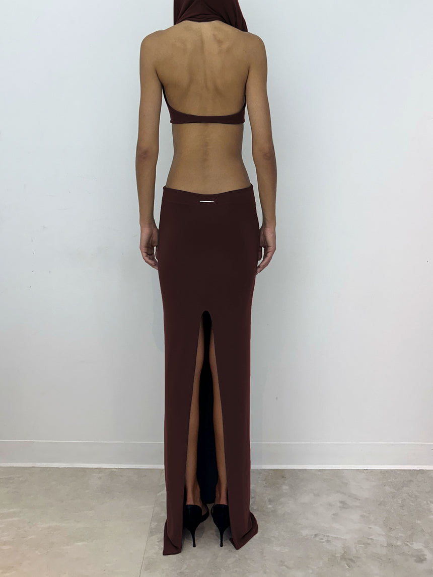 (SS26 PRE-ORDER) LOGO TAG TIE PILLAR SKIRT - BURGUNDY