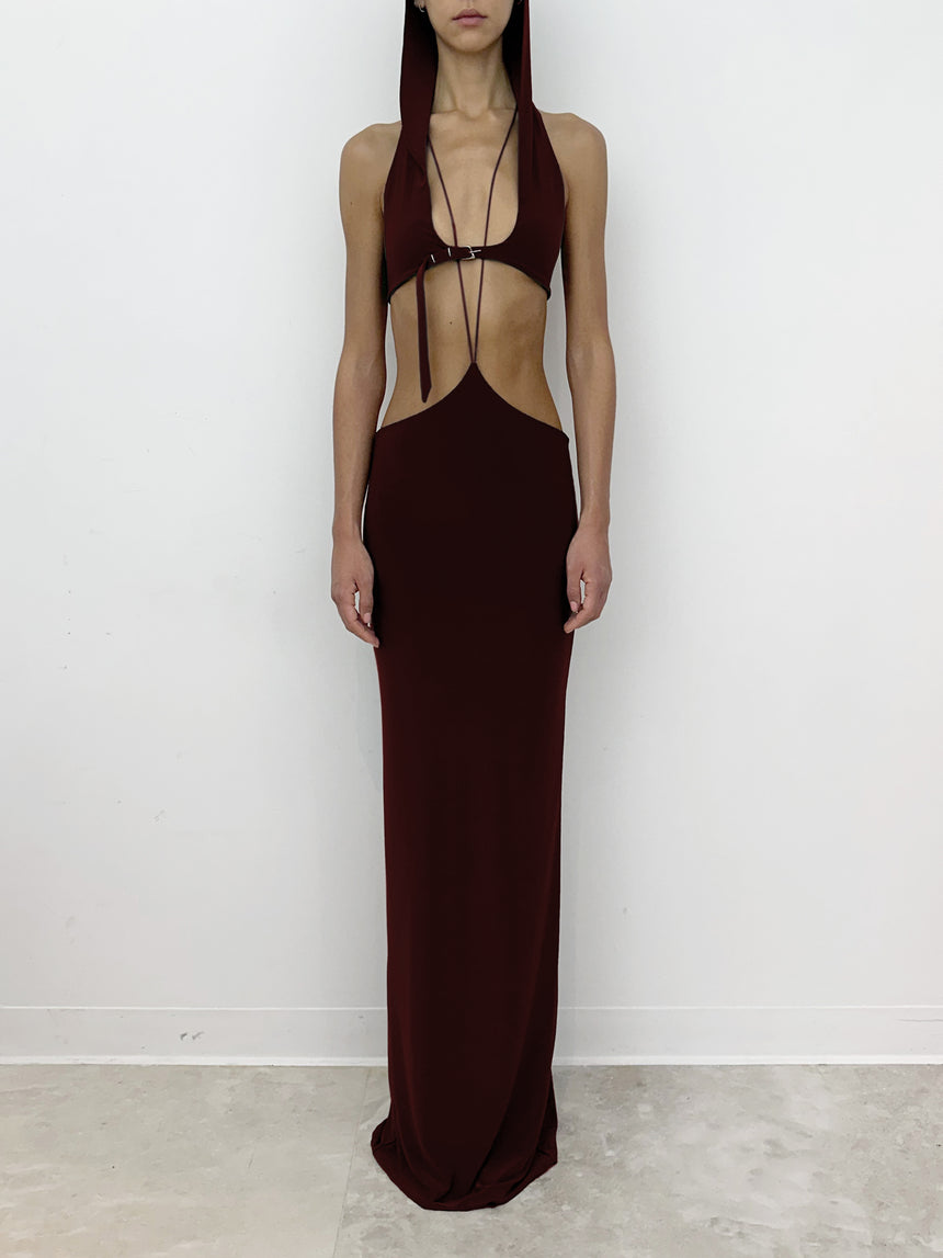 (SS26 PRE-ORDER) BELTED HOOD BRALETTE - BURGUNDY