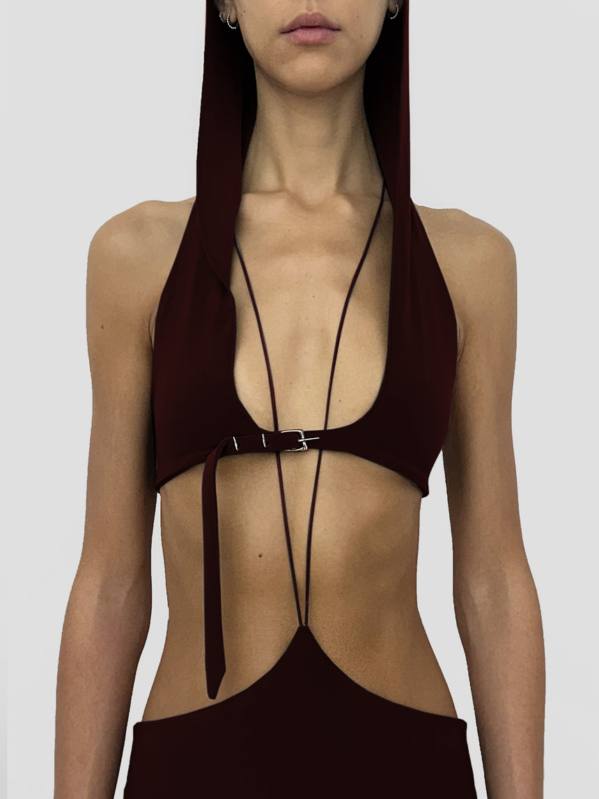 (SS26 PRE-ORDER) BELTED HOOD BRALETTE - BURGUNDY