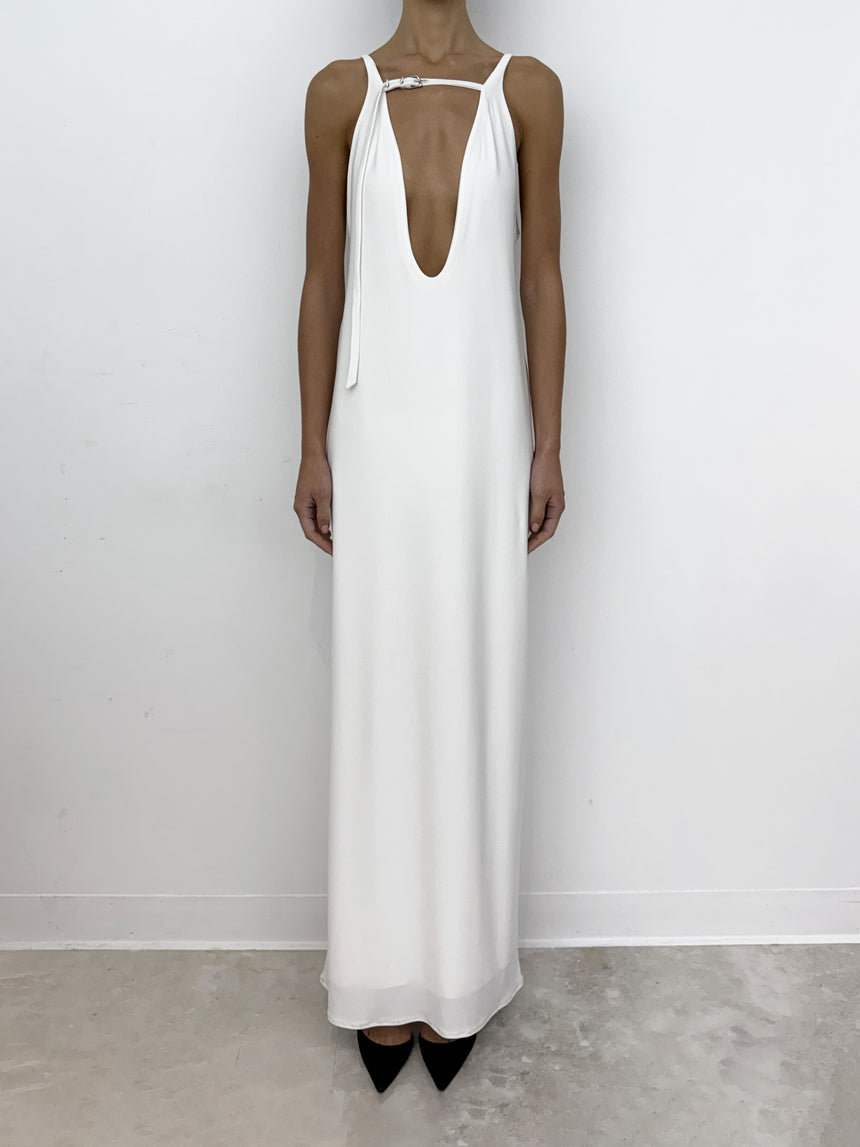 (SS26 PRE-ORDER) BELTED MAXI PILLAR DRESS - WHITE