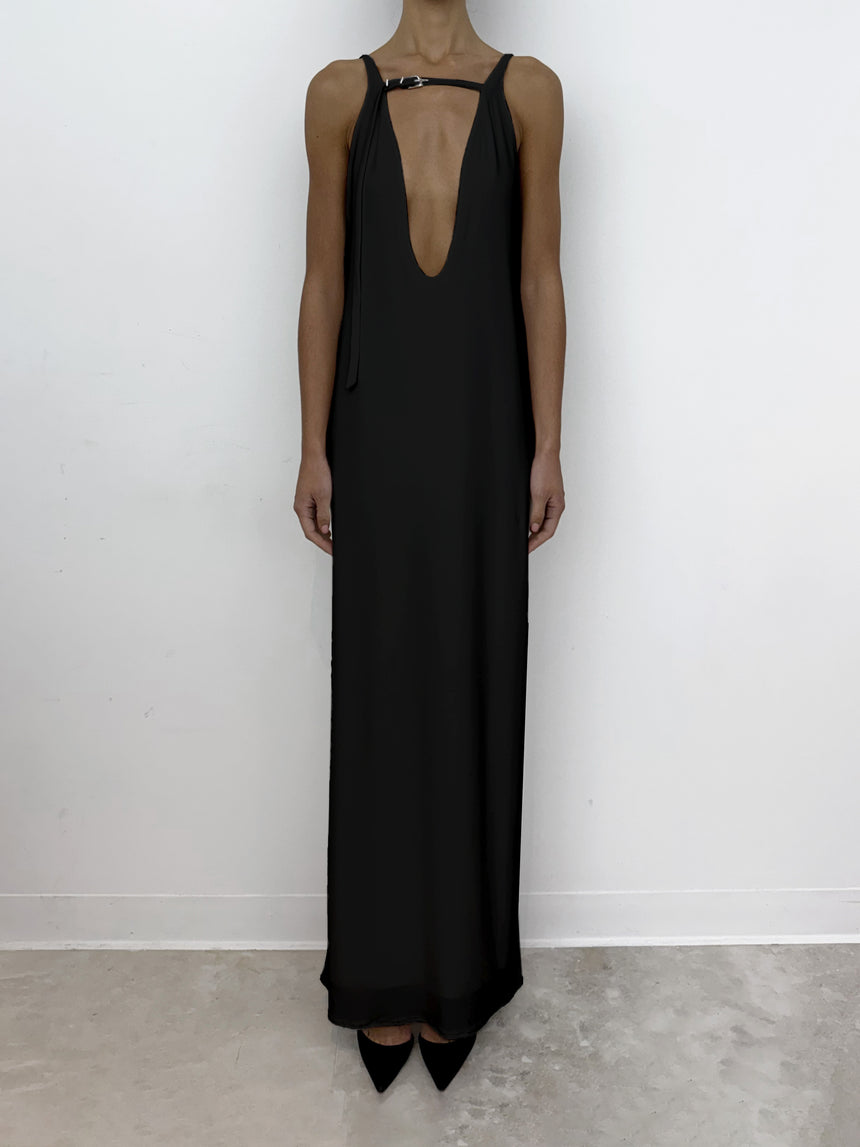 (SS26 PRE-ORDER) BELTED MAXI PILLAR DRESS - BLACK