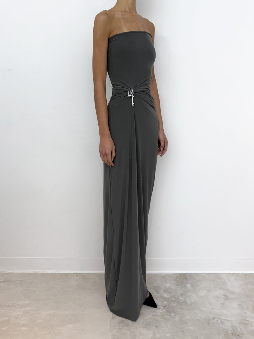 (SS26 PRE-ORDER) RELIC CHARMS STRAPLESS MAXI DRESS - GREY