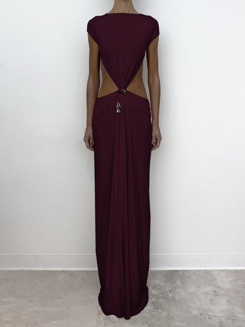(SS26 PRE-ORDER) RELIC CHARMS BELT CINCHED MAXI DRESS - BURGUNDY