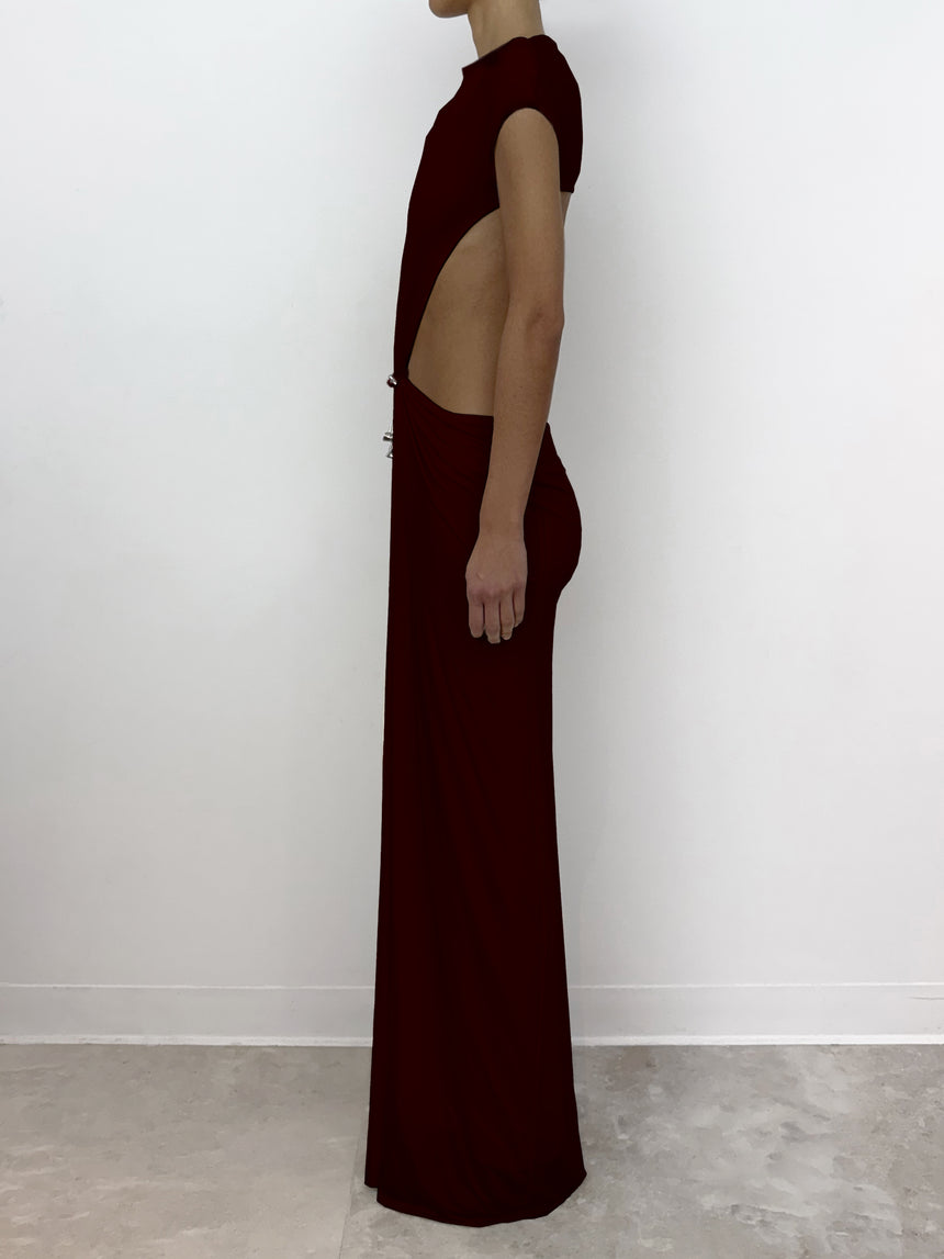 (SS26 PRE-ORDER) RELIC CHARMS BELT CINCHED MAXI DRESS - BURGUNDY